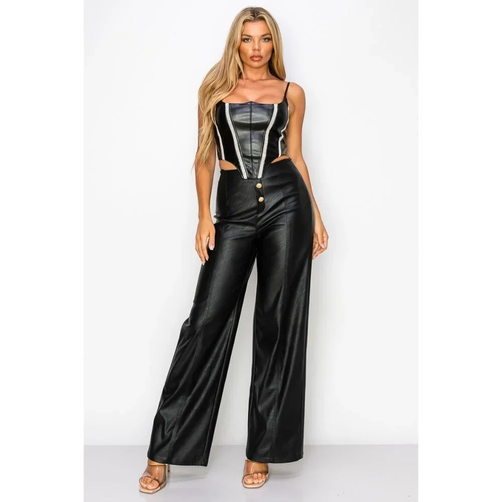 Women’s Black Leather Rhinestone Pearl Corset Bustier Top - Picture 7 of 10